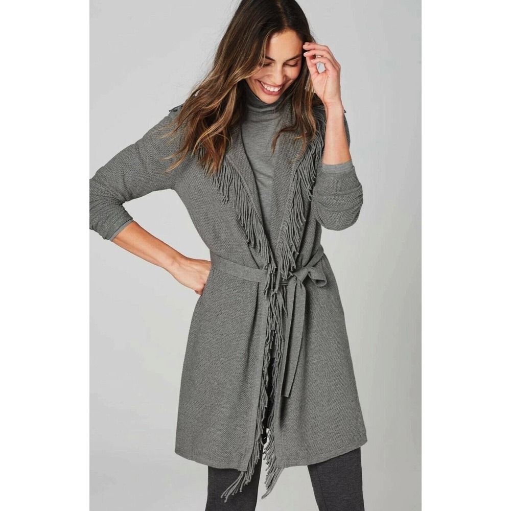 J. Jill Cardigan‎ Womens Large Gray Cotton Acrylic Fringe Belted Open Front Wrap